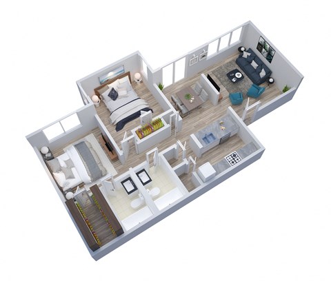 Floor plan for 2 beds, 2 baths, 909 sqft